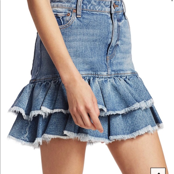 $265 Alice + Olivia Ruffle Hem Denim Mini Skirt High Waisted Tiered Jean Size 0 - Picture 7 of 10